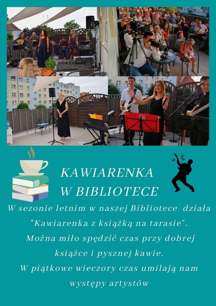 Plakat informujący o działalności Kawiarenki z Książką na tarasie